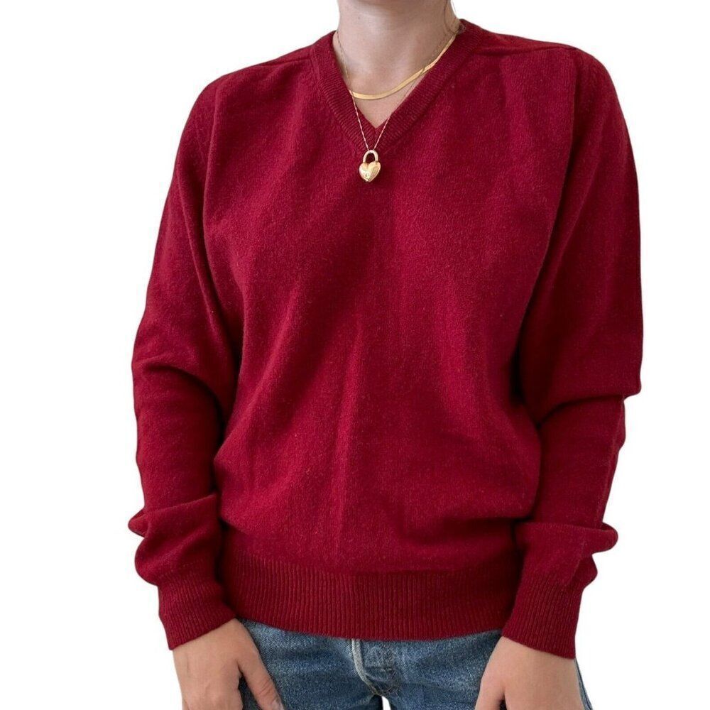 Vintage Braemar Mens 100% Pure Scottish Lambswool Cherry Red V Neck Sweater XL